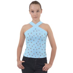 Cute Kawaii Dogs Pattern At Sky Blue Cross Neck Velour Top by Casemiro