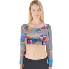 80s And 90s School Pattern Long Sleeve Crop Top by NerdySparkleGoth