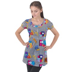 80s And 90s School Pattern Puff Sleeve Tunic Top by NerdySparkleGoth