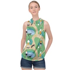 Girls With Dogs For A Walk In The Park High Neck Satin Top by SychEva