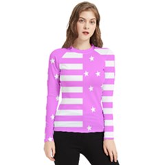 Saturated Pink Lines And Stars Pattern, Geometric Theme Women s Long Sleeve Rash Guard by Casemiro