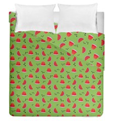 Juicy Slices Of Watermelon On A Green Background Duvet Cover Double Side (queen Size) by SychEva