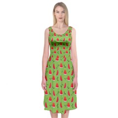 Juicy Slices Of Watermelon On A Green Background Midi Sleeveless Dress by SychEva