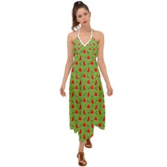 Juicy Slices Of Watermelon On A Green Background Halter Tie Back Dress  by SychEva