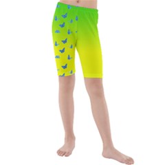 Blue Butterflies At Yellow And Green, Two Color Tone Gradient Kids  Mid Length Swim Shorts by Casemiro