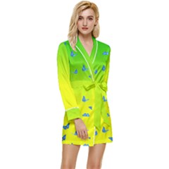 Blue Butterflies At Yellow And Green, Two Color Tone Gradient Long Sleeve Satin Robe by Casemiro