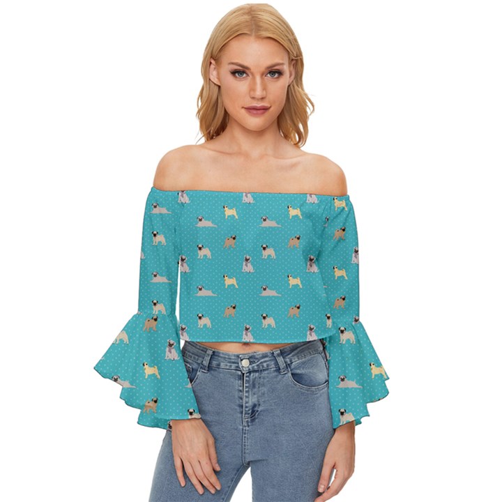 Funny Pugs Off Shoulder Flutter Bell Sleeve Top