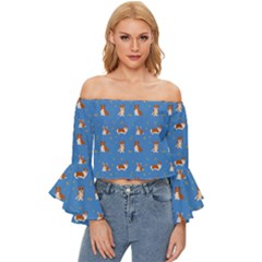 Cute Corgi Dogs Off Shoulder Flutter Bell Sleeve Top by SychEva