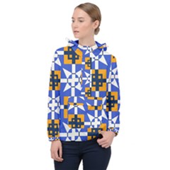 Shapes On A Blue Background                                                           Women Hooded Front Pocket Windbreaker by LalyLauraFLM