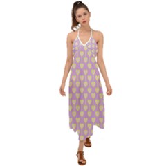 Yellow Hearts On A Light Purple Background Halter Tie Back Dress  by SychEva