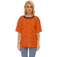 Halloween, Black Bats Pattern On Orange Oversized Basic Tee by Casemiro