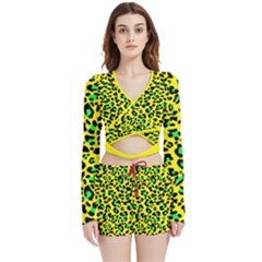 Yellow And Green, Neon Leopard Spots Pattern Velvet Wrap Crop Top And Shorts Set by Casemiro