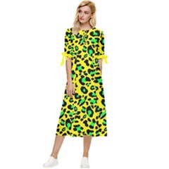 Yellow And Green, Neon Leopard Spots Pattern Bow Sleeve Chiffon Midi Dress by Casemiro