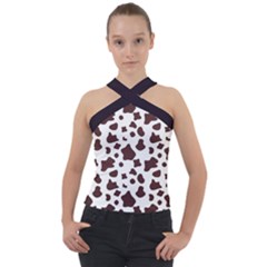 Brown Cow Spots Pattern, Animal Fur Print Cross Neck Velour Top by Casemiro