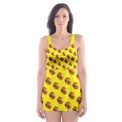 Vector Burgers, Fast Food Sandwitch Pattern At Yellow Skater Dress Swimsuit by Casemiro