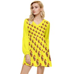 Vector Burgers, Fast Food Sandwitch Pattern At Yellow Tiered Long Sleeve Mini Dress by Casemiro