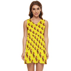 Vector Burgers, Fast Food Sandwitch Pattern At Yellow Tiered Sleeveless Mini Dress by Casemiro