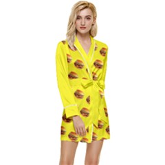 Vector Burgers, Fast Food Sandwitch Pattern At Yellow Long Sleeve Satin Robe by Casemiro