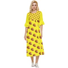 Vector Burgers, Fast Food Sandwitch Pattern At Yellow Double Cuff Midi Dress by Casemiro