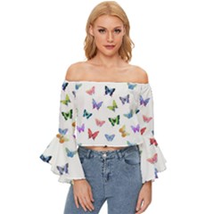 Cute Bright Butterflies Hover In The Air Off Shoulder Flutter Bell Sleeve Top by SychEva