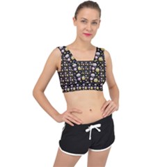 Shiny Pumpkins On Black Background V-back Sports Bra by SychEva