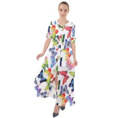 Bright Butterflies Circle In The Air Waist Tie Boho Maxi Dress by SychEva