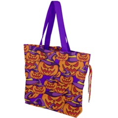 Purple And Orange Pumpkins, Crazy Halloween Pattern, Jack O  Lantern Drawstring Tote Bag by Casemiro