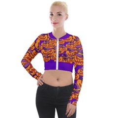 Purple And Orange Pumpkins, Crazy Halloween Pattern, Jack O  Lantern Long Sleeve Cropped Velvet Jacket by Casemiro