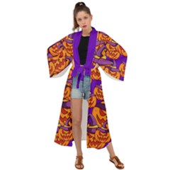 Purple And Orange Pumpkins, Crazy Halloween Pattern, Jack O  Lantern Maxi Kimono by Casemiro