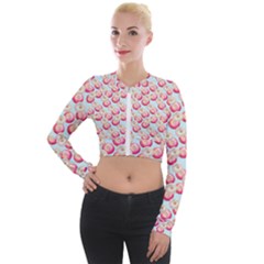 Pink And White Donuts On Blue Long Sleeve Cropped Velvet Jacket by SychEva