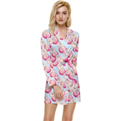 Pink And White Donuts On Blue Long Sleeve Satin Robe by SychEva