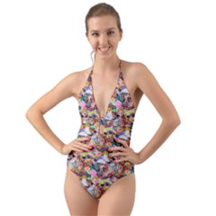 Retro Color Halter Cut-out One Piece Swimsuit by Sparkle