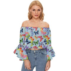 Watercolor Butterflies Off Shoulder Flutter Bell Sleeve Top by SychEva