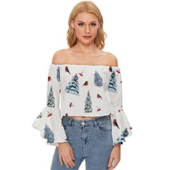 Christmas Trees And Bullfinches Off Shoulder Flutter Bell Sleeve Top by SychEva