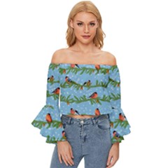 Bullfinches On Spruce Branches Off Shoulder Flutter Bell Sleeve Top by SychEva