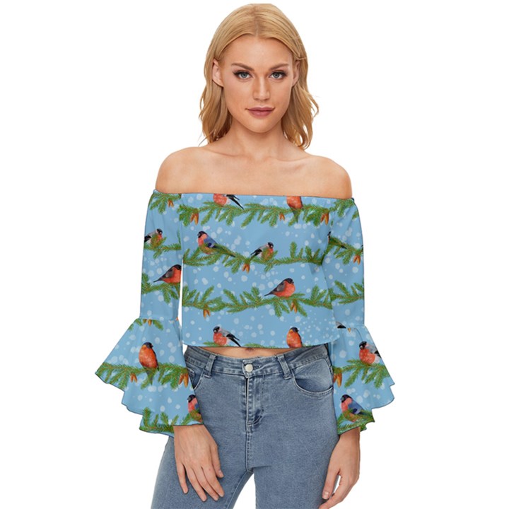 Bullfinches On Spruce Branches Off Shoulder Flutter Bell Sleeve Top