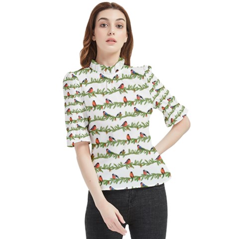 Bullfinches On The Branches Frill Neck Blouse by SychEva