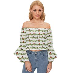 Bullfinches On The Branches Off Shoulder Flutter Bell Sleeve Top by SychEva