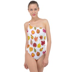 Watercolor Autumn Leaves Classic One Shoulder Swimsuit by SychEva