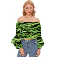 Green  Waves Abstract Series No11 Off Shoulder Flutter Bell Sleeve Top by DimitriosArt