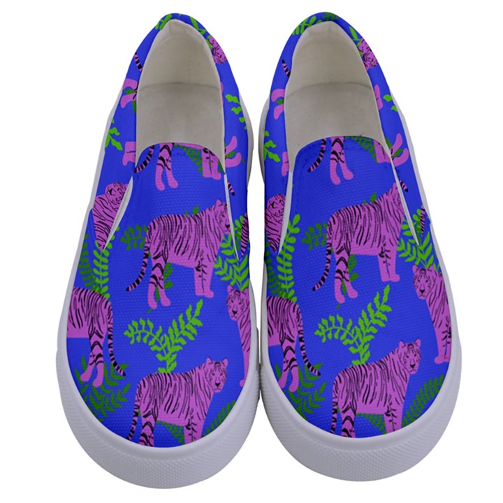 Pink Tigers On A Blue Background Kids  Canvas Slip Ons