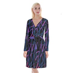 3d Lovely Geo Lines  V Long Sleeve Velvet Front Wrap Dress by Uniqued