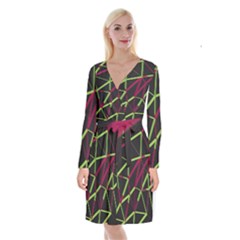 3d Lovely Geo Lines X Long Sleeve Velvet Front Wrap Dress by Uniqued