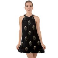 Creepy Head Sculpture With Respirator Motif Pattern Halter Tie Back Chiffon Dress by dflcprintsclothing