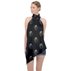 Creepy Head Sculpture With Respirator Motif Pattern Halter Asymmetric Satin Top by dflcprintsclothing