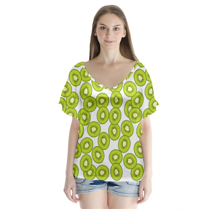 Kiwi pattern V-Neck Flutter Sleeve Top