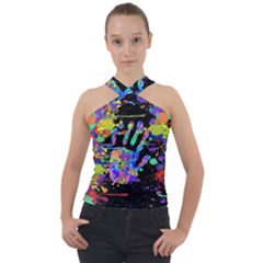 Crazy Multicolored Each Other Running Splashes Hand 1 Cross Neck Velour Top by EDDArt