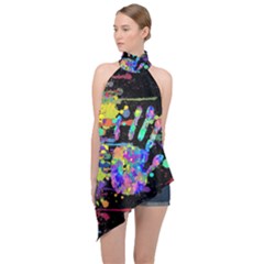 Crazy Multicolored Each Other Running Splashes Hand 1 Halter Asymmetric Satin Top by EDDArt