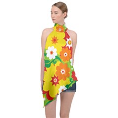 Flower Power Wallpaper Green Yellow Orange Red Halter Asymmetric Satin Top by EDDArt