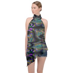 Abstract Art - Adjustable Angle Jagged 2 Halter Asymmetric Satin Top by EDDArt